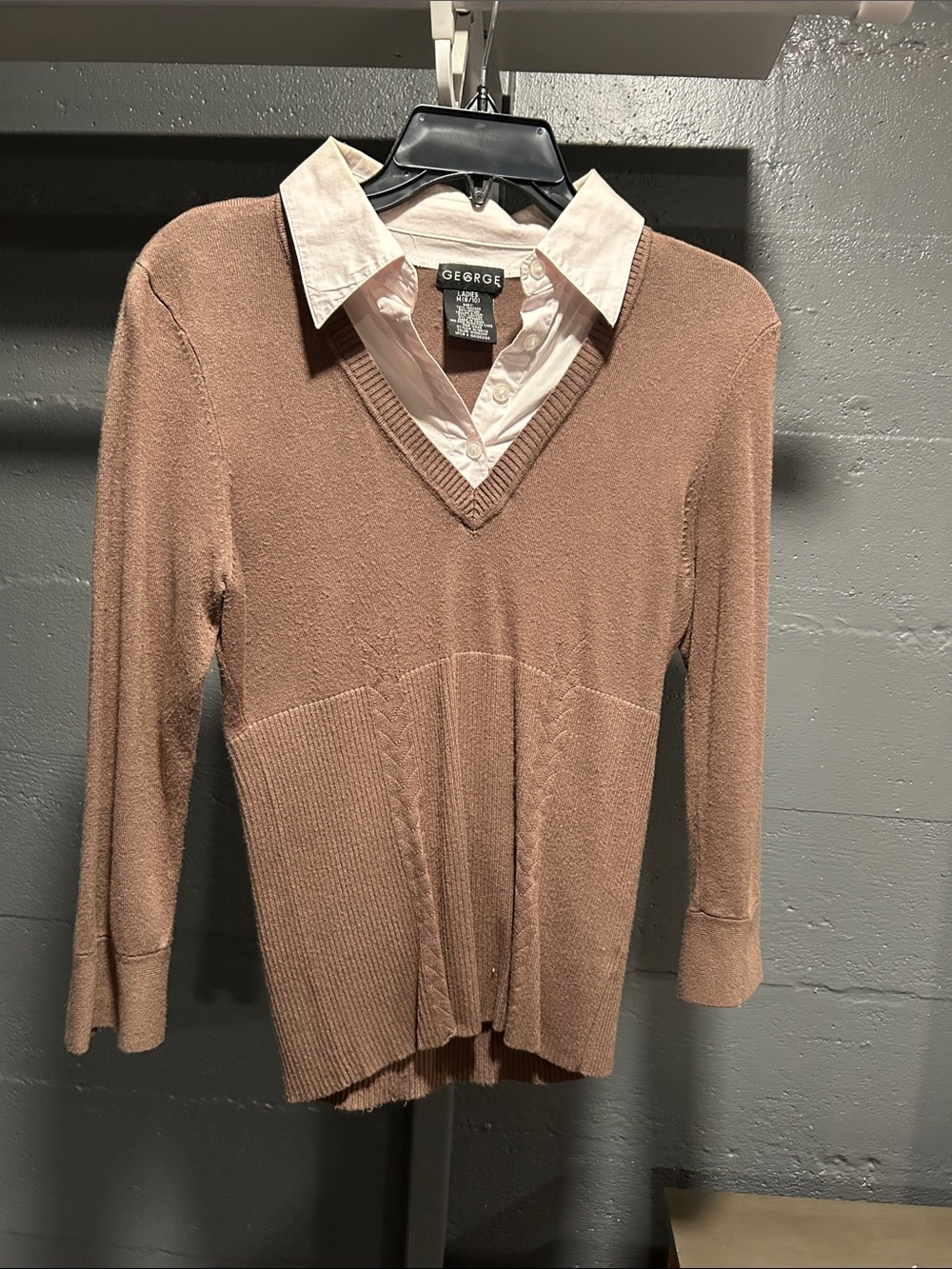 George Women's V-Neck Layered-Look Sweater in Taupe Brown